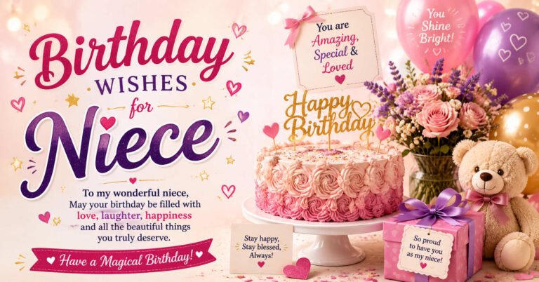 Birthday Wishes for Niece with pink cake, balloons, flowers, teddy bear, and gift