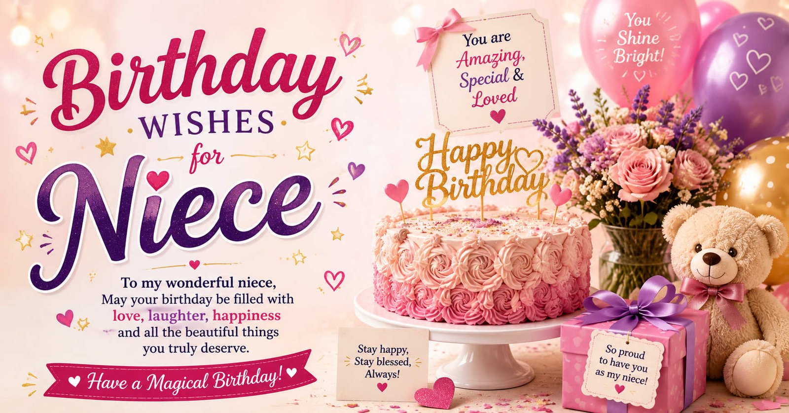 Birthday Wishes for Niece with pink cake, balloons, flowers, teddy bear, and gift