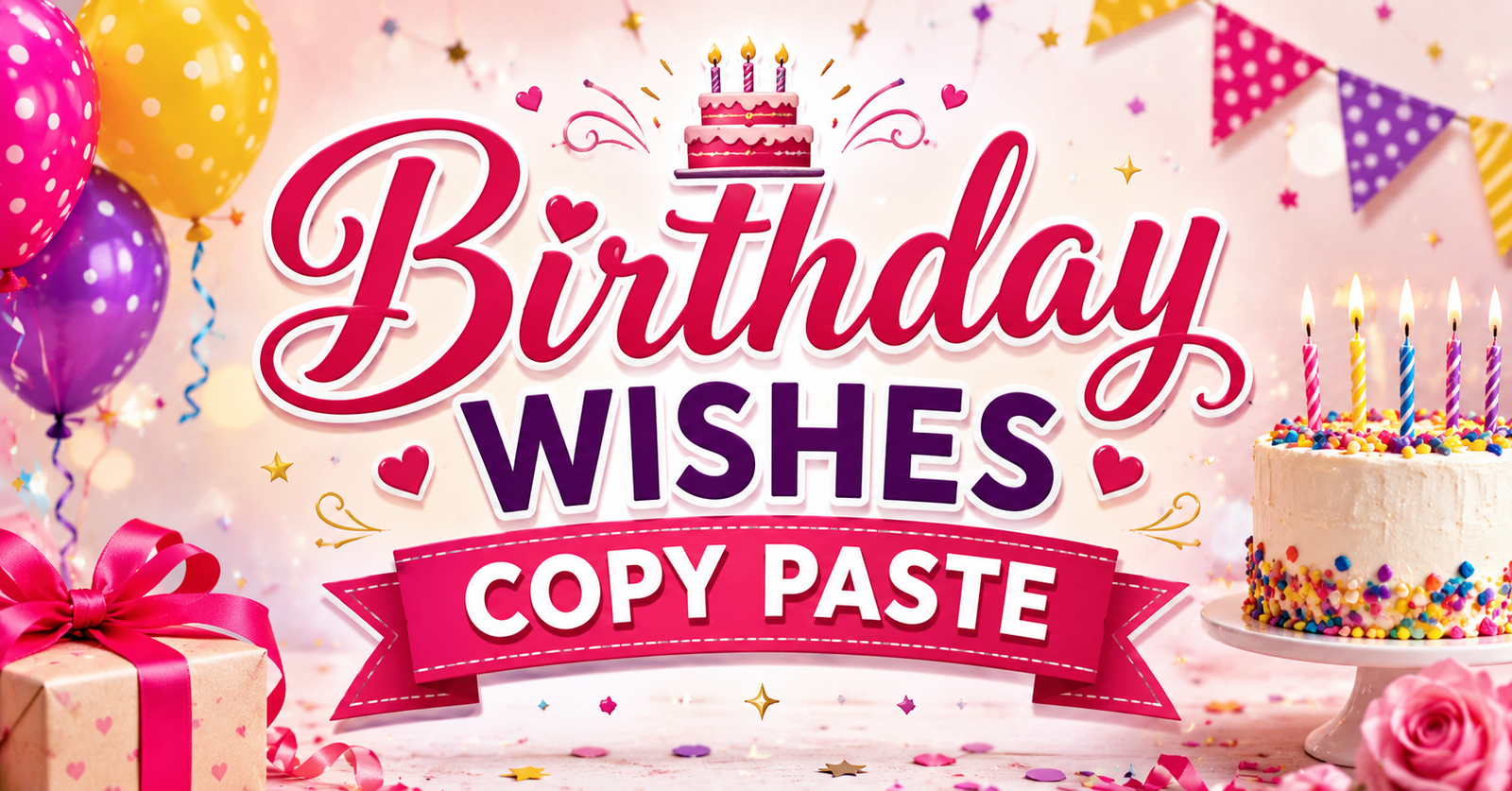 Birthday Wishes Copy Paste with colorful balloons, birthday cake, gifts, confetti, and festive decorations