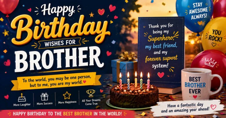 Birthday Wishes for Brother with birthday cake, balloons, gifts, and a heartfelt birthday message