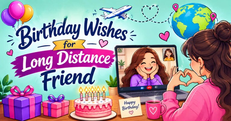 Birthday wishes for long distance friend featuring a globe, airplane, birthday cake, gifts, balloons, and video call