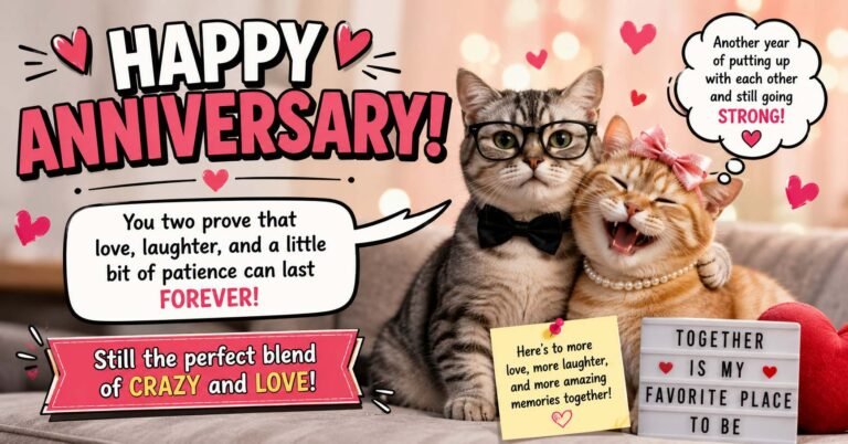 Happy Anniversary meme with cute cats, hearts, funny messages, and romantic anniversary celebration