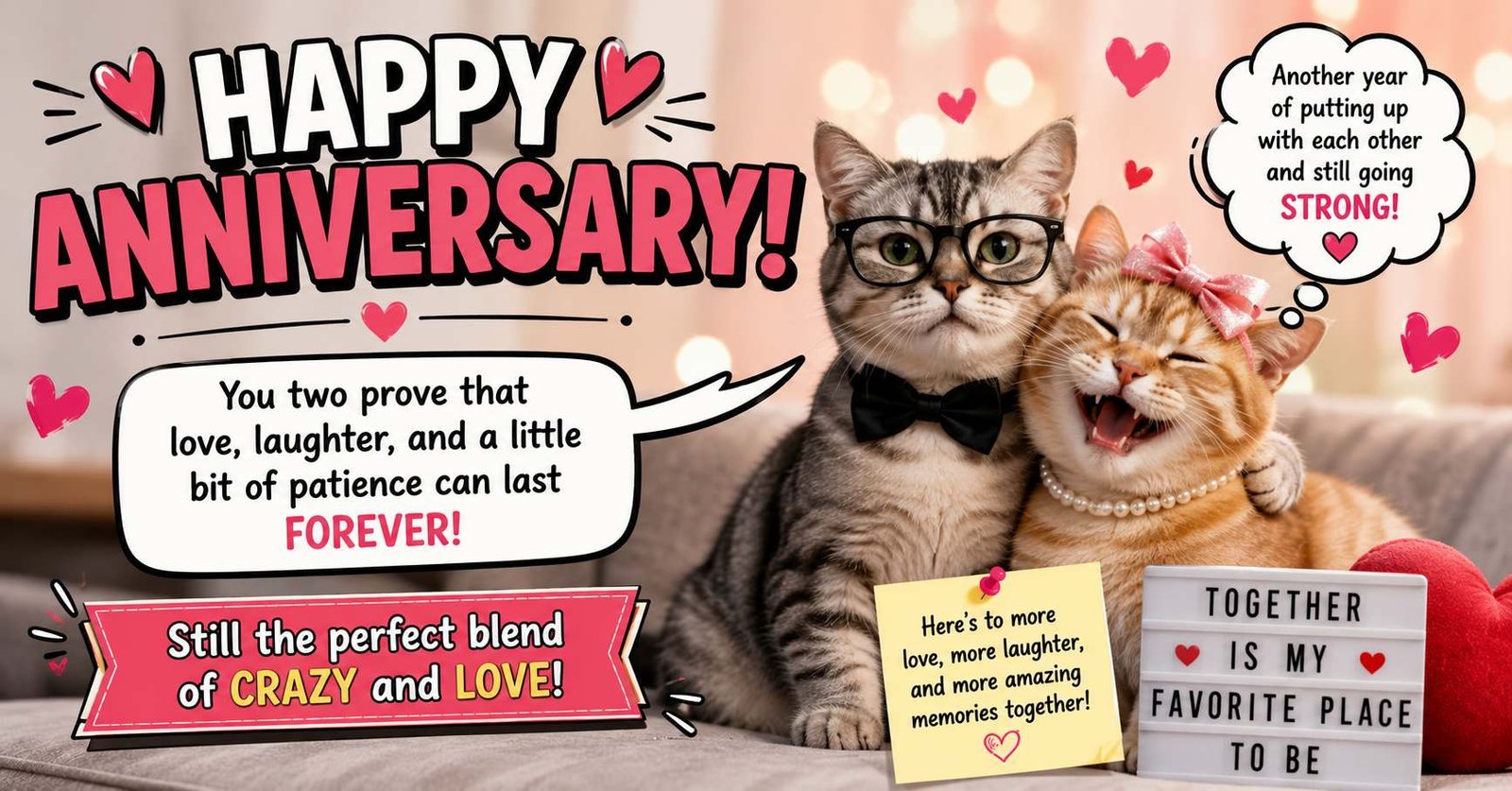 Happy Anniversary meme with cute cats, hearts, funny messages, and romantic anniversary celebration