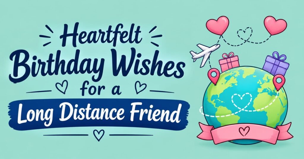 Heartfelt birthday wishes for a long distance friend with globe, airplane, gifts, and hearts