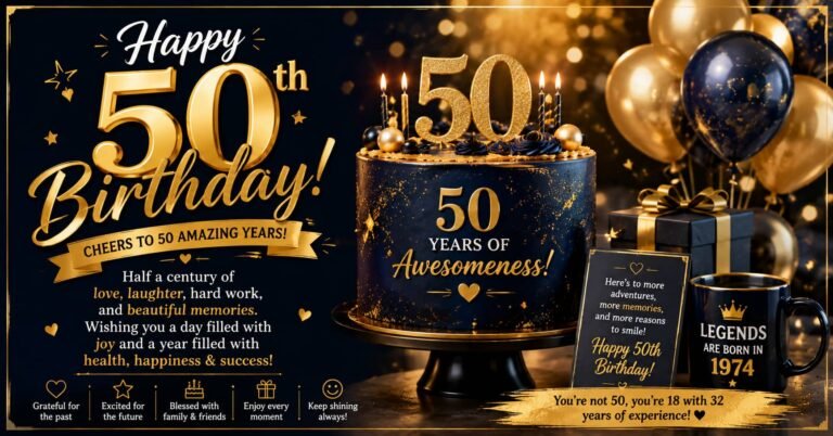 50th Birthday Wishes with elegant birthday cake, golden number 50, balloons, gifts, and candles
