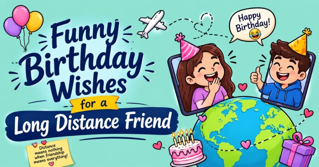 Funny birthday wishes for a long distance friend with a globe, airplane, birthday cake, and smiling friends
