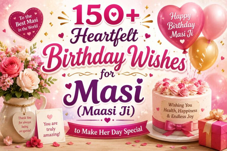 150+ heartfelt birthday wishes for Masi Ji with flowers, birthday cake, balloons, gift, and greeting cards