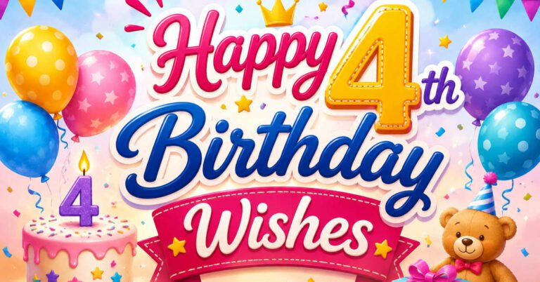 Happy 4th Birthday Wishes graphic with colorful balloons, birthday cake, teddy bear, gifts, and confetti