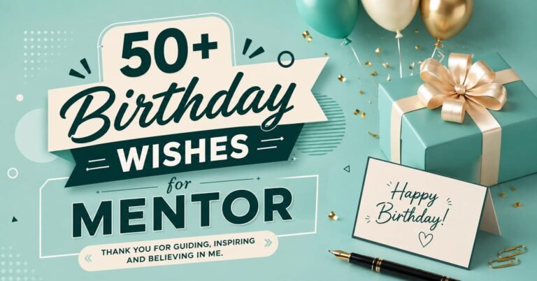 50+ Birthday Wishes for Mentor with balloons, gift box, birthday card, and fountain pen
