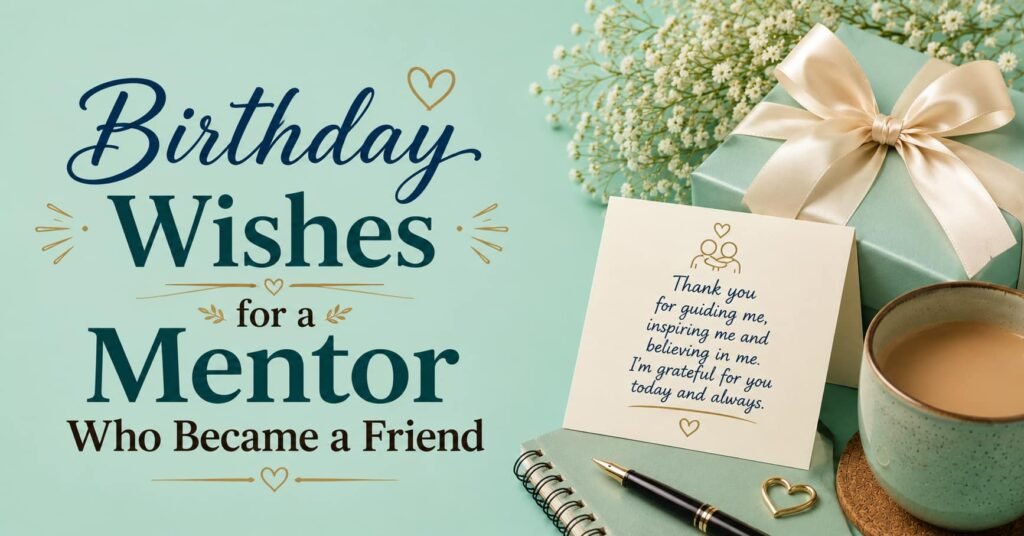 Birthday Wishes for a Mentor Who Became a Friend with a gift, flowers, greeting card, and coffee