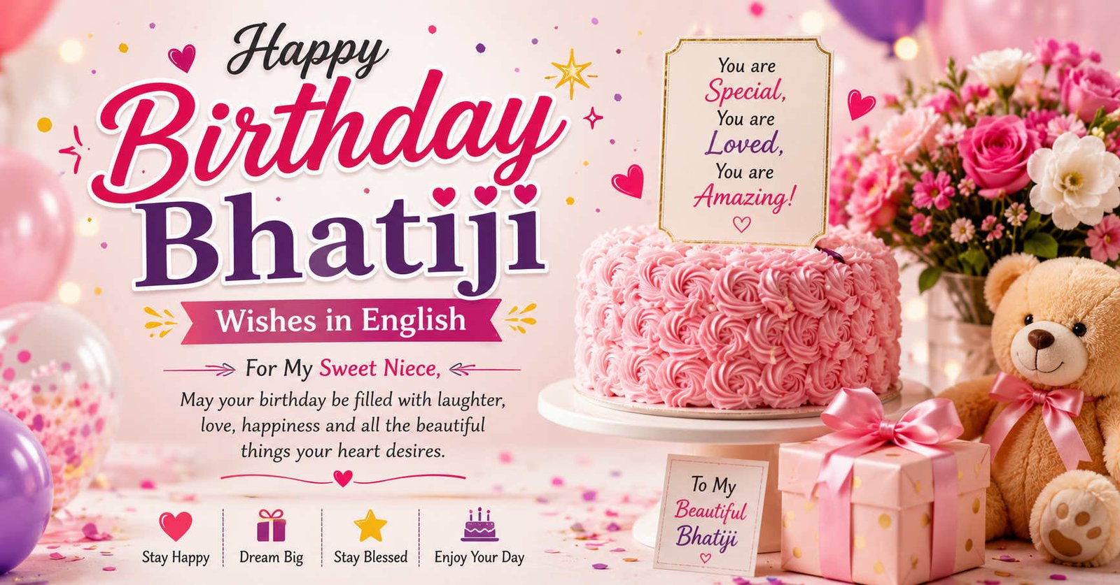 Happy Birthday Bhatiji wishes in English with pink birthday cake, flowers, teddy bear, balloons, and gift