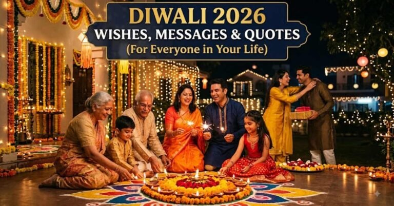 An authentic photograph captures three generations of a happy Indian family celebrating Diwali on a decorated patio at night. Grandparents are helping a young girl light a diya, parents are looking on joyfully, and other family members gather with gifts. Thousands of warm fairy lights, floral garlands, and lit oil lamps create a rich, festive ambiance. A large text banner in gold and dark blue at the top reads: "DIWALI 2026 WISHES, MESSAGES & QUOTES (For Everyone in Your