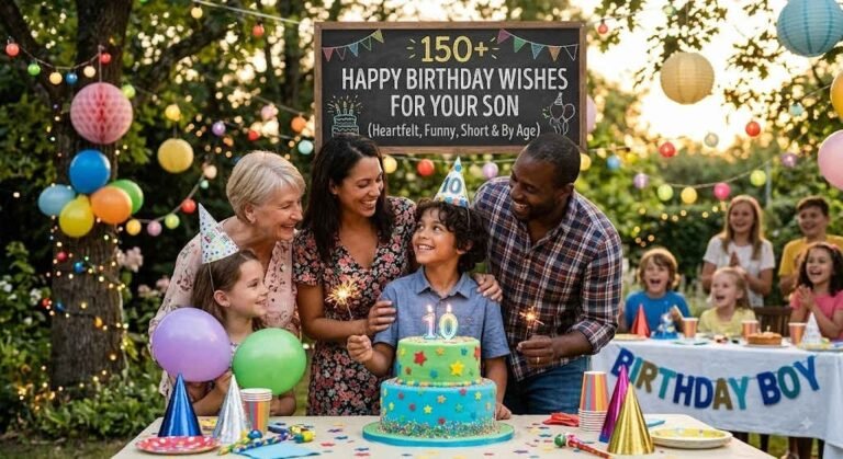 A vibrant outdoor birthday celebration for a young boy with his family. The parents and grandparents gather happily around a decorated table with a two-tiered birthday cake, colorful balloons, and party hats. In the background, a hanging chalkboard banner reads "150+ HAPPY BIRTHDAY WISHES FOR YOUR SON (Heartfelt, Funny, Short & By Age)".