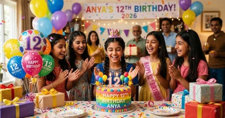 A cheerful 12th birthday party scene with a colorful birthday cake, balloons, gift boxes, and happy friends clapping and celebrating.
