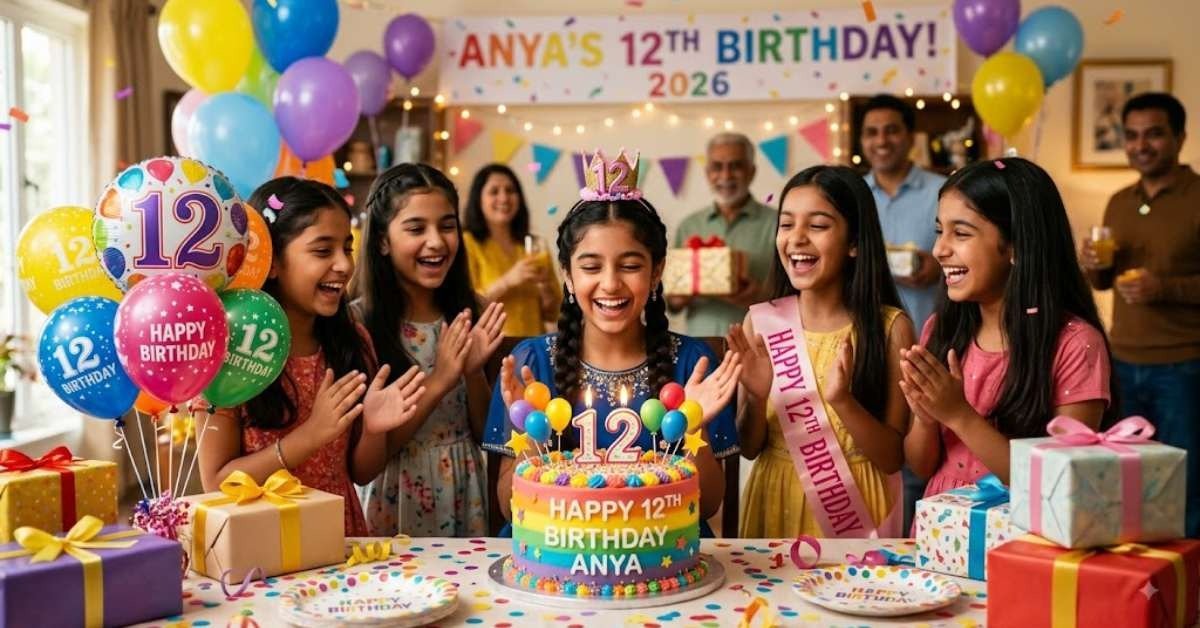 A cheerful 12th birthday party scene with a colorful birthday cake, balloons, gift boxes, and happy friends clapping and celebrating.