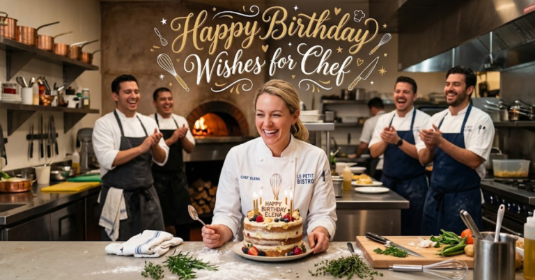 "A happy male chef standing behind a wooden counter in a professional kitchen with a beautiful drip birthday cake that reads 'Happy Birthday Chef'. His kitchen team stands in the background, smiling and clapping for him."