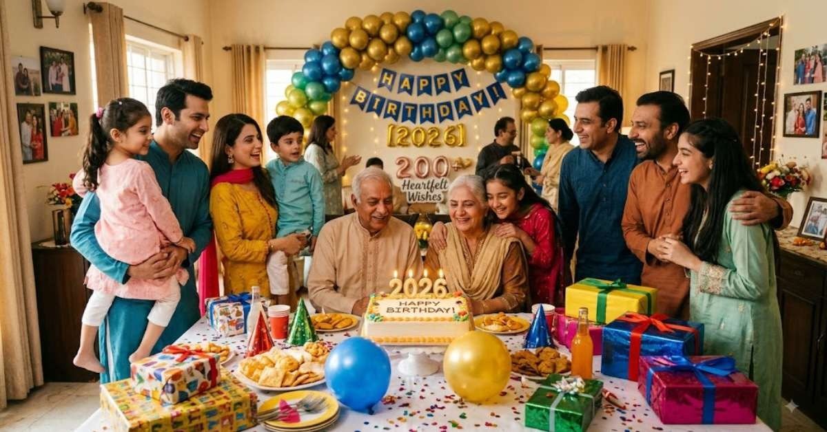 A multi-generational South Asian family happily celebrating a birthday together at home with a decorated cake, colorful balloons, and gift boxes.