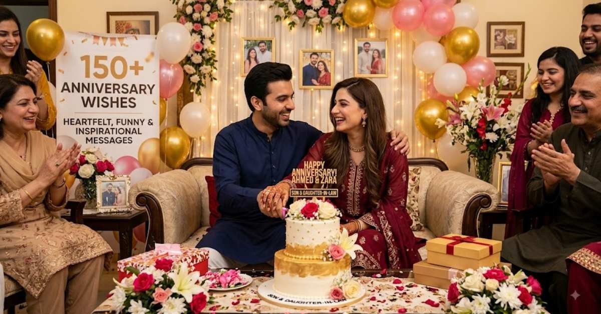 A happy couple cutting a decorated wedding anniversary cake surrounded by cheering family members in a beautifully decorated room with balloons and lights.