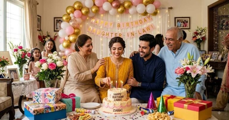 A happy daughter-in-law cutting her birthday cake surrounded by her husband and smiling parents-in-law in a festive, decorated living room.