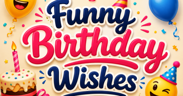 Funny Birthday Wishes with colorful balloons, birthday cake, confetti, and party decorations