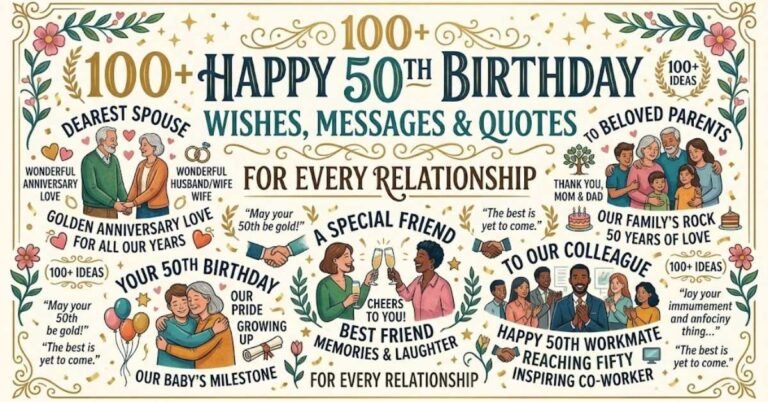 Infographic featuring 100+ Happy 50th Birthday wishes, quotes, and message ideas tailored for family, friends, and colleagues. 📲 Social Media Caption
