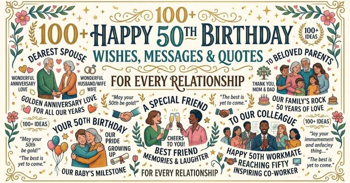 Infographic featuring 100+ Happy 50th Birthday wishes, quotes, and message ideas tailored for family, friends, and colleagues. 📲 Social Media Caption