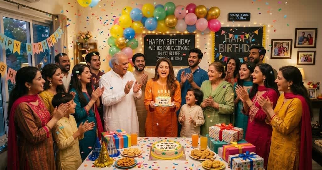 A joyful multigenerational Pakistani family celebrating a birthday with cakes, gifts, balloons, and a special framed blackboard list.