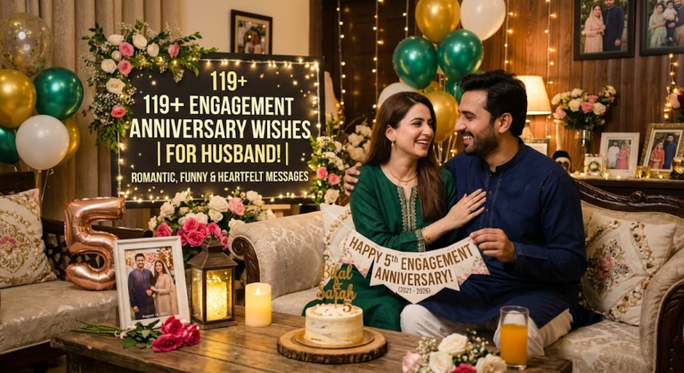 A happy young couple celebrating their engagement anniversary together on a couch, surrounded by balloons, flowers, fairy lights, and a small anniversary cake.