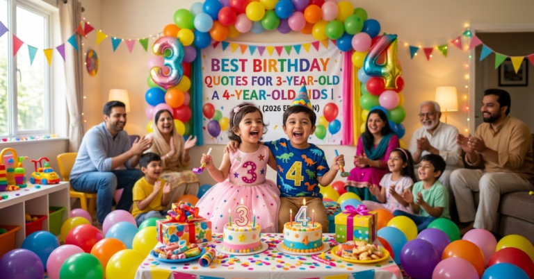 Two cute toddlers celebrating their 3rd and 4th birthdays with colorful balloon decorations, birthday cakes, and cheering family members in a festive living room.