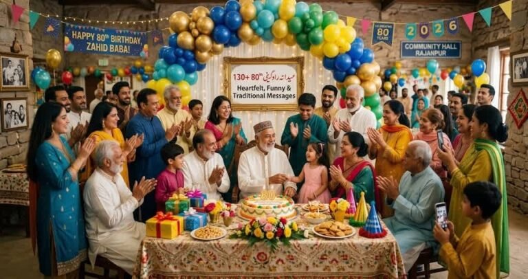 A loving extended family celebrating an elderly man's 80th birthday party with a decorated cake, festive balloons, and presents in a decorated room.