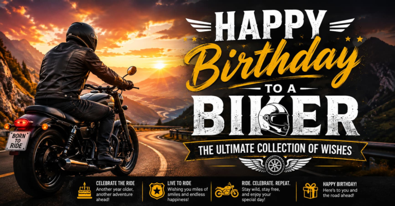 Happy birthday biker riding a motorcycle on a mountain road at sunset