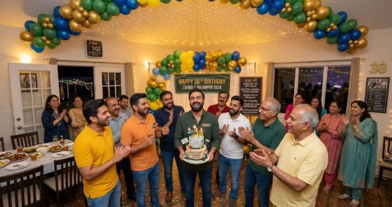 A man laughing with his friends while holding a custom birthday cake at a festive party decorated with balloons.
