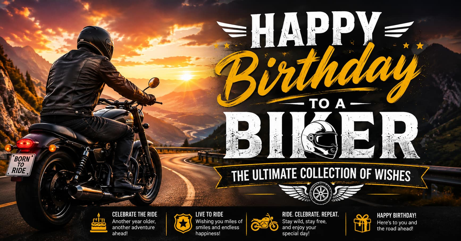 Happy birthday biker riding a motorcycle on a mountain road at sunset