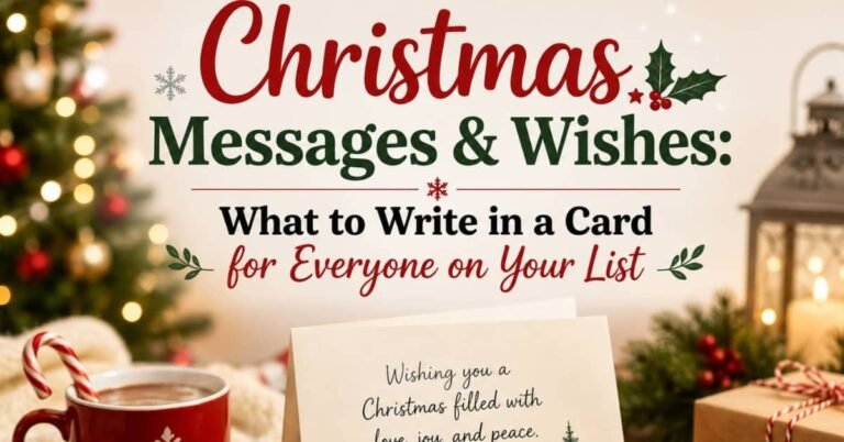 Christmas messages and wishes card with festive holiday decorations