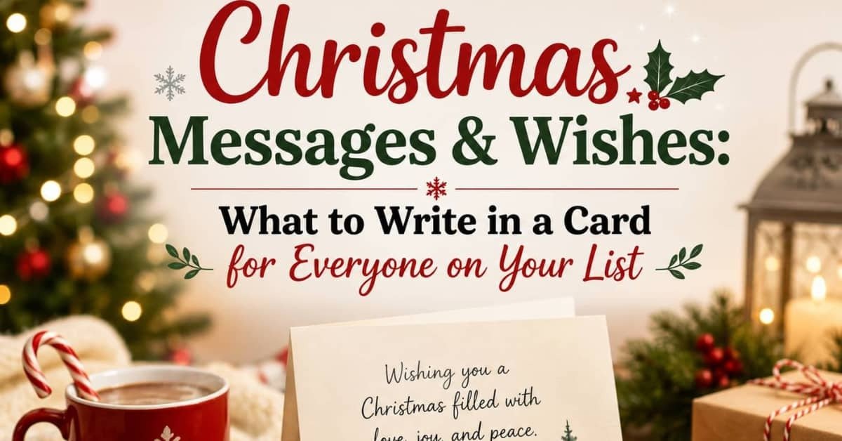 Christmas messages and wishes card with festive holiday decorations
