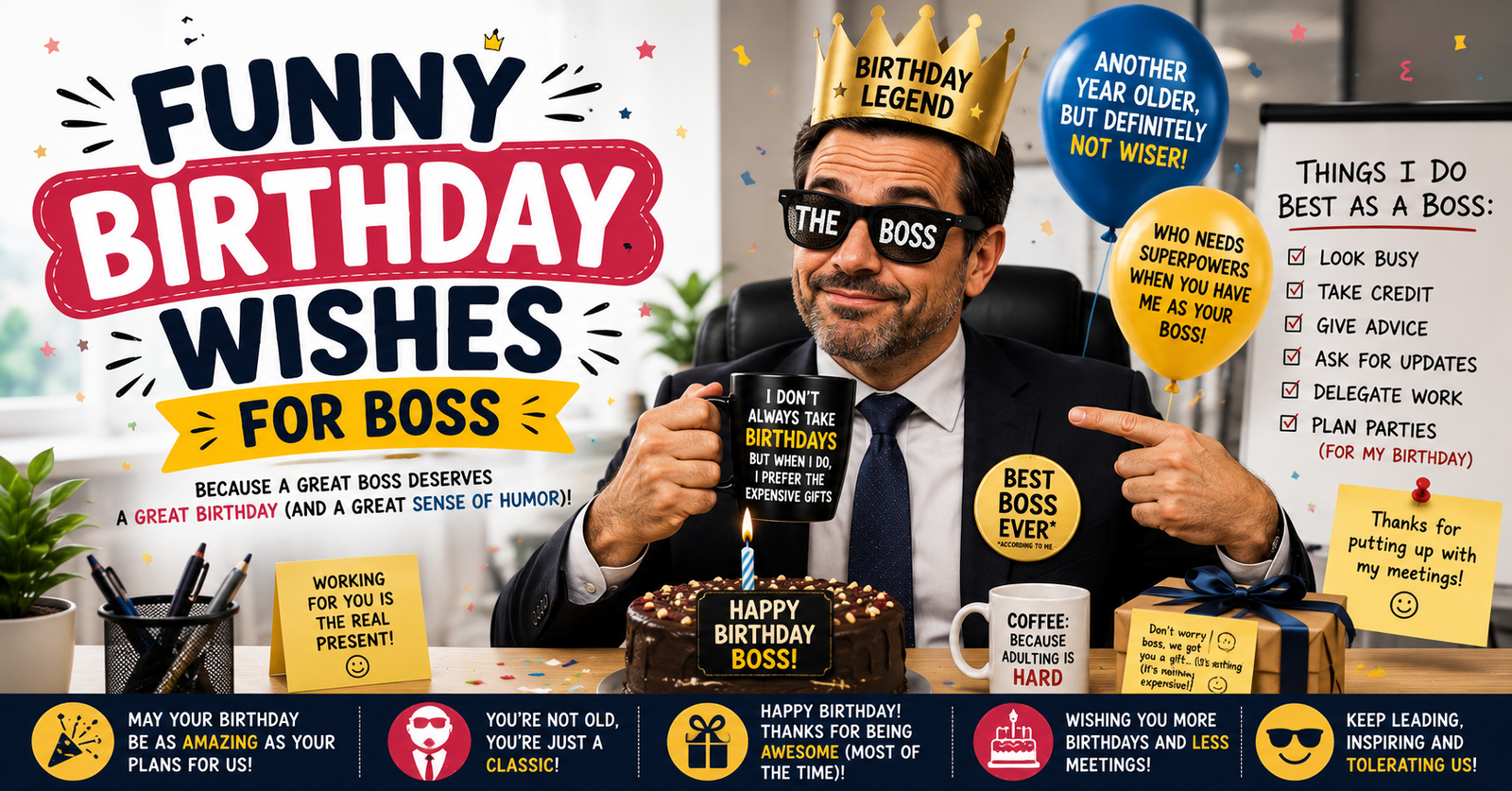 Funny birthday wishes for boss with balloons, birthday cake, and office celebration