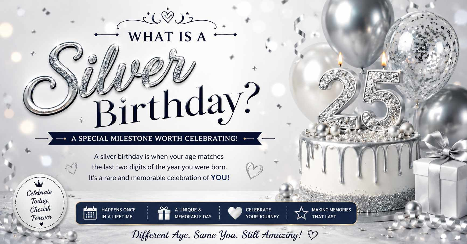 Elegant silver birthday celebration banner explaining what a silver birthday is, featuring a silver 25th birthday cake, balloons, gifts, and confetti.