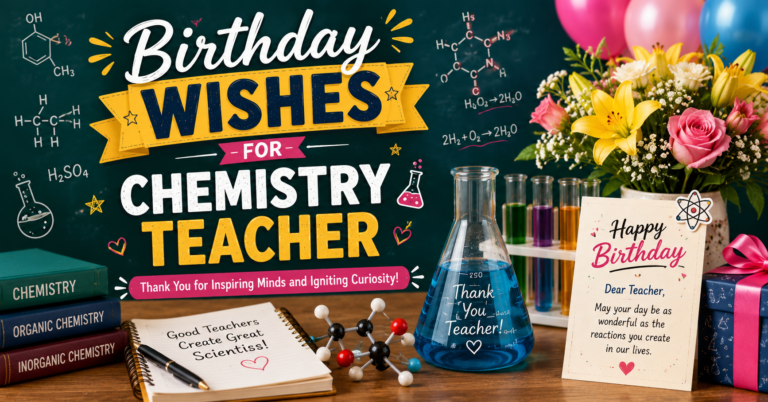 Birthday wishes for chemistry teacher with chemistry lab equipment, flowers, gift, and birthday greeting