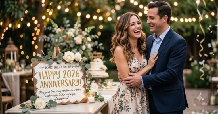 : An anniversary celebration scene featuring a smiling couple embracing in an outdoor garden decorated with string lights, alongside a wooden sign that reads "Happy 2026 Anniversary! To My Dearest Sister & Brother-in-Law."