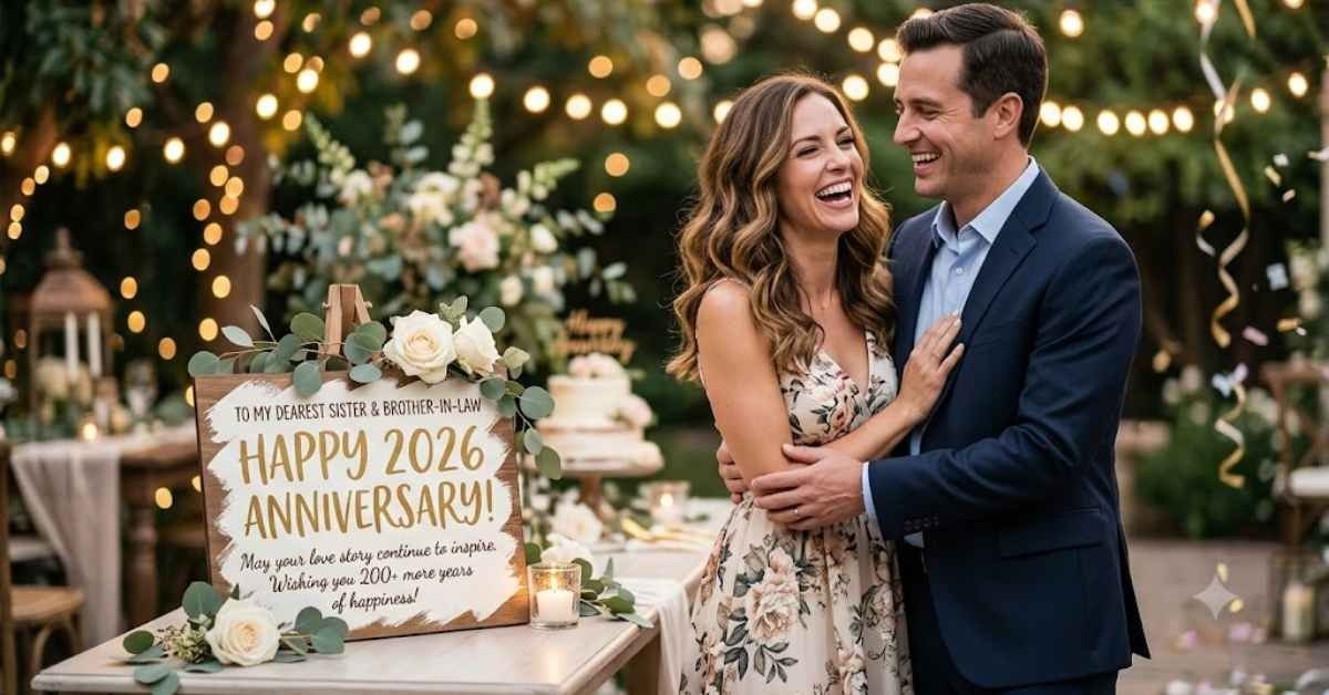 : An anniversary celebration scene featuring a smiling couple embracing in an outdoor garden decorated with string lights, alongside a wooden sign that reads "Happy 2026 Anniversary! To My Dearest Sister & Brother-in-Law."