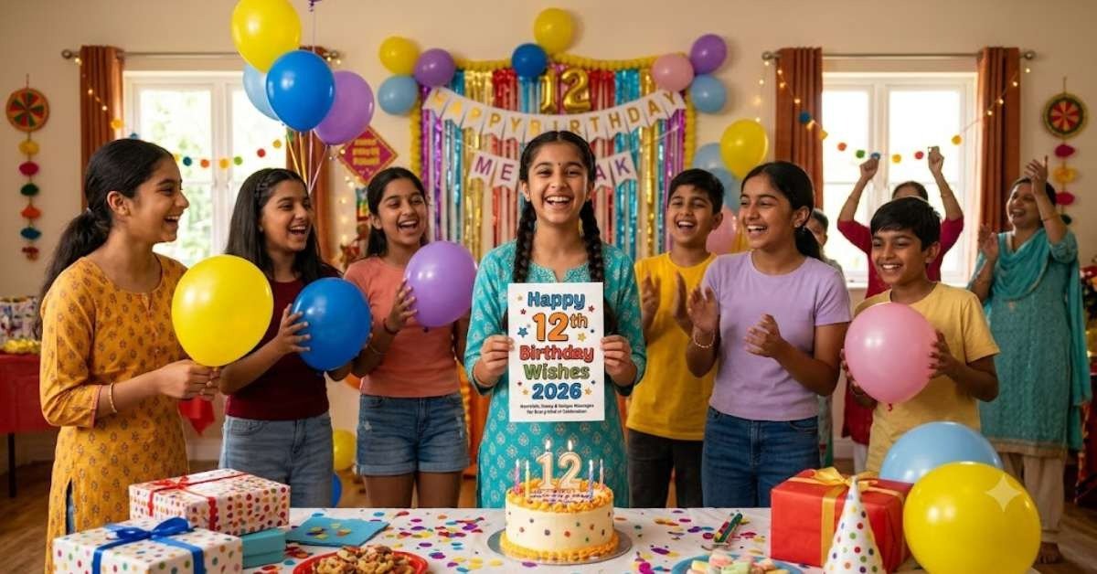एक मुस्कुराती हुई भारतीय लड़की अपने 12वें जन्मदिन की पार्टी में खड़ी है, उसने एक पोस्टर पकड़ा हुआ है जिस पर 'Happy 12th Birthday Wishes 2026' लिखा है, और पीछे उसके दोस्त तालियां बजा रहे हैं। रंगीन गुब्बारे और केक मेज पर रखे हैं।
