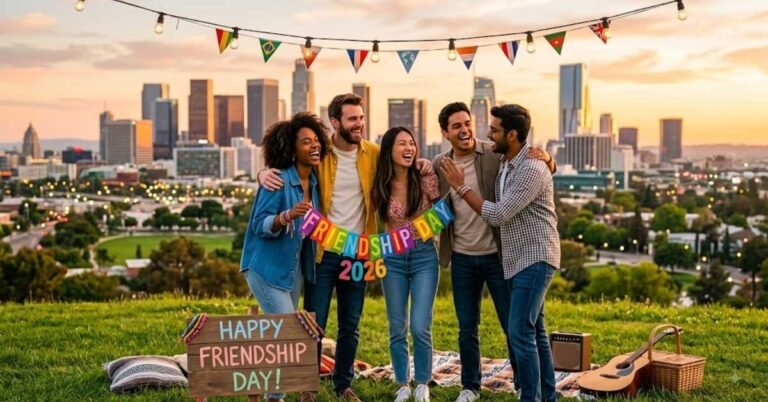 A group of five happy, diverse friends celebrating Friendship Day 2026 outdoors at sunset on a grassy hill overlooking a city skyline, holding colorful banners and a guitar.