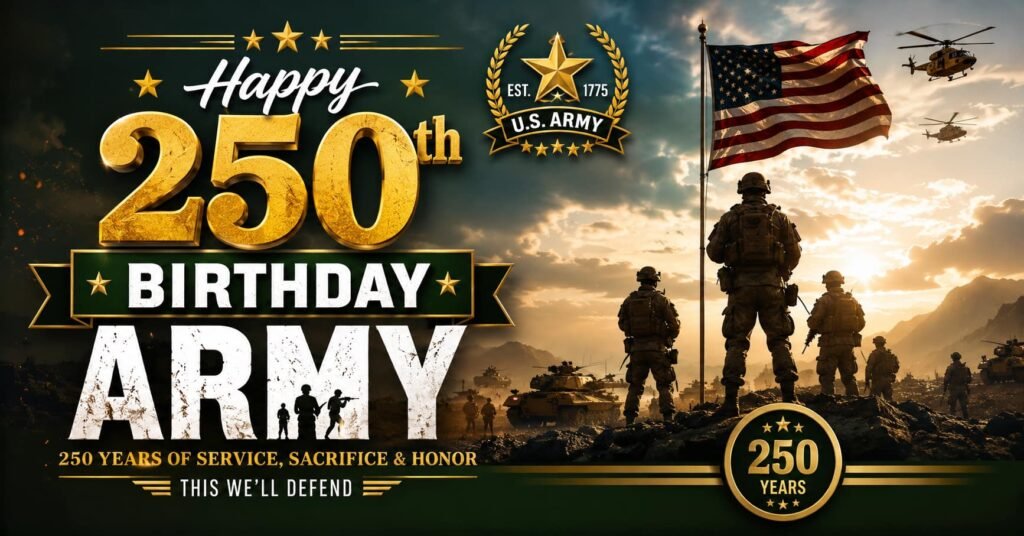Happy 250th Birthday Army celebration with soldiers, American flag, military vehicles, and helicopters