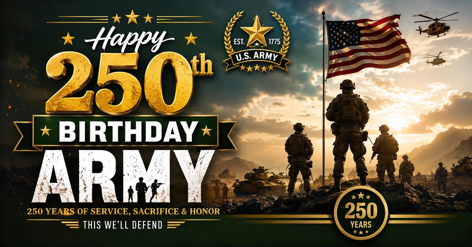Happy 250th Birthday Army celebration with soldiers, American flag, military vehicles, and helicopters