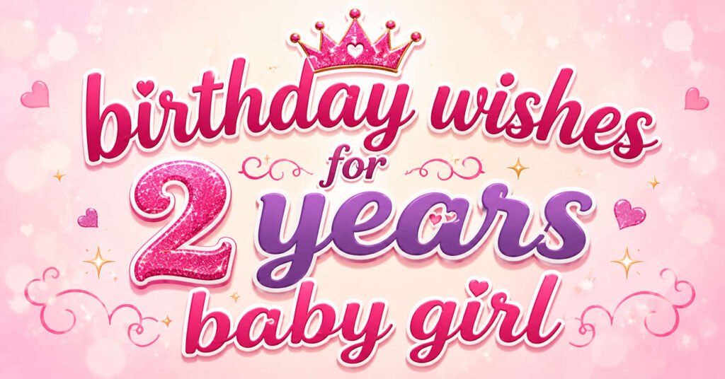 Birthday Wishes for 2 Years Baby Girl with a pink crown, hearts, sparkles, and colorful birthday typography