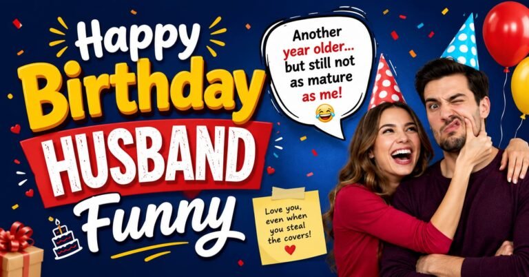 Funny happy birthday husband graphic with a playful couple celebrating with balloons and birthday decorations