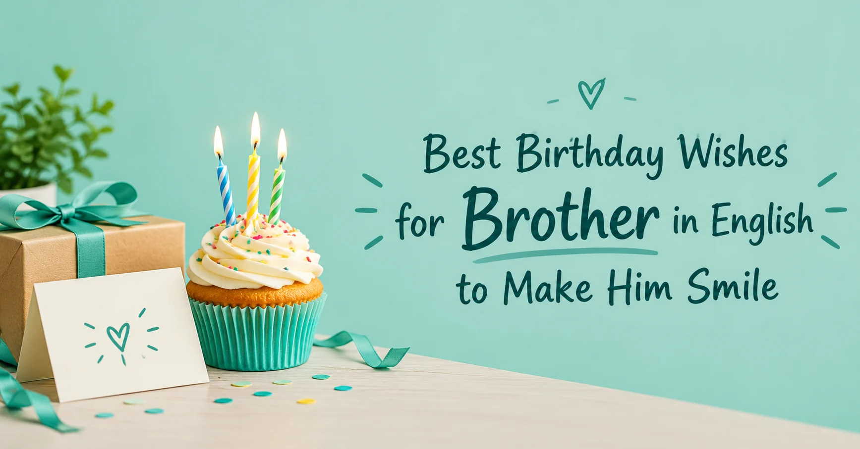 Best birthday wishes for brother in English to make him smile, displayed on a mint birthday-themed banner with a cupcake and gift box.