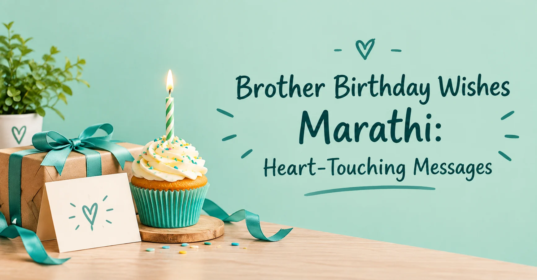 Brother birthday wishes Marathi heart-touching messages displayed on a mint-green birthday banner with a cupcake and gift box.