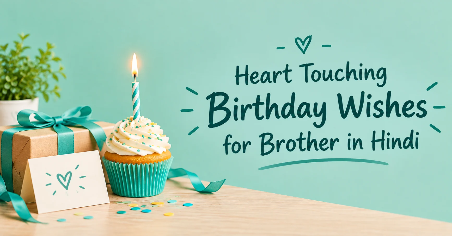 Heart touching birthday wishes for brother in Hindi displayed on a mint-green birthday banner with a cupcake and gift box.