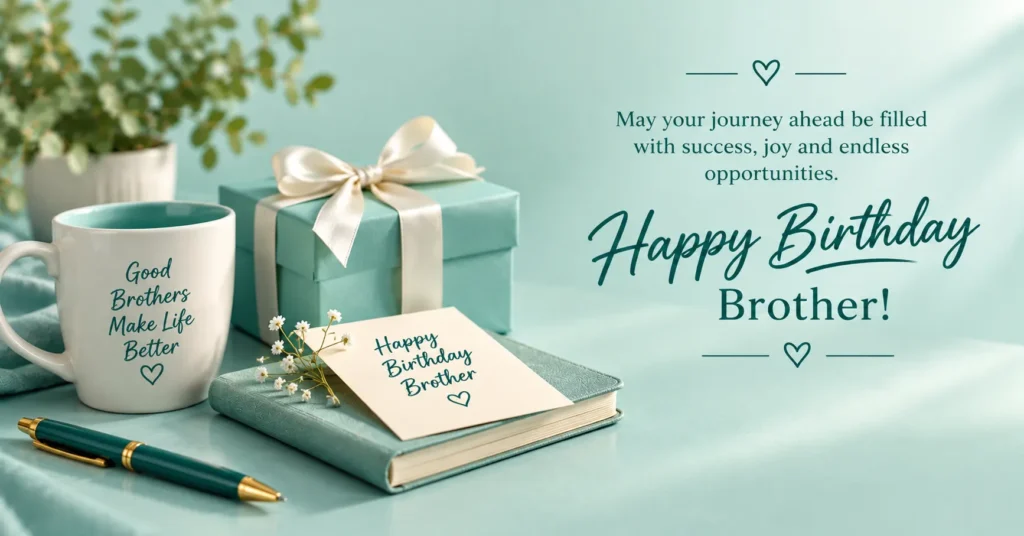 Mint-themed birthday setup with gift, mug, notebook, and Happy Birthday Brother wishes.